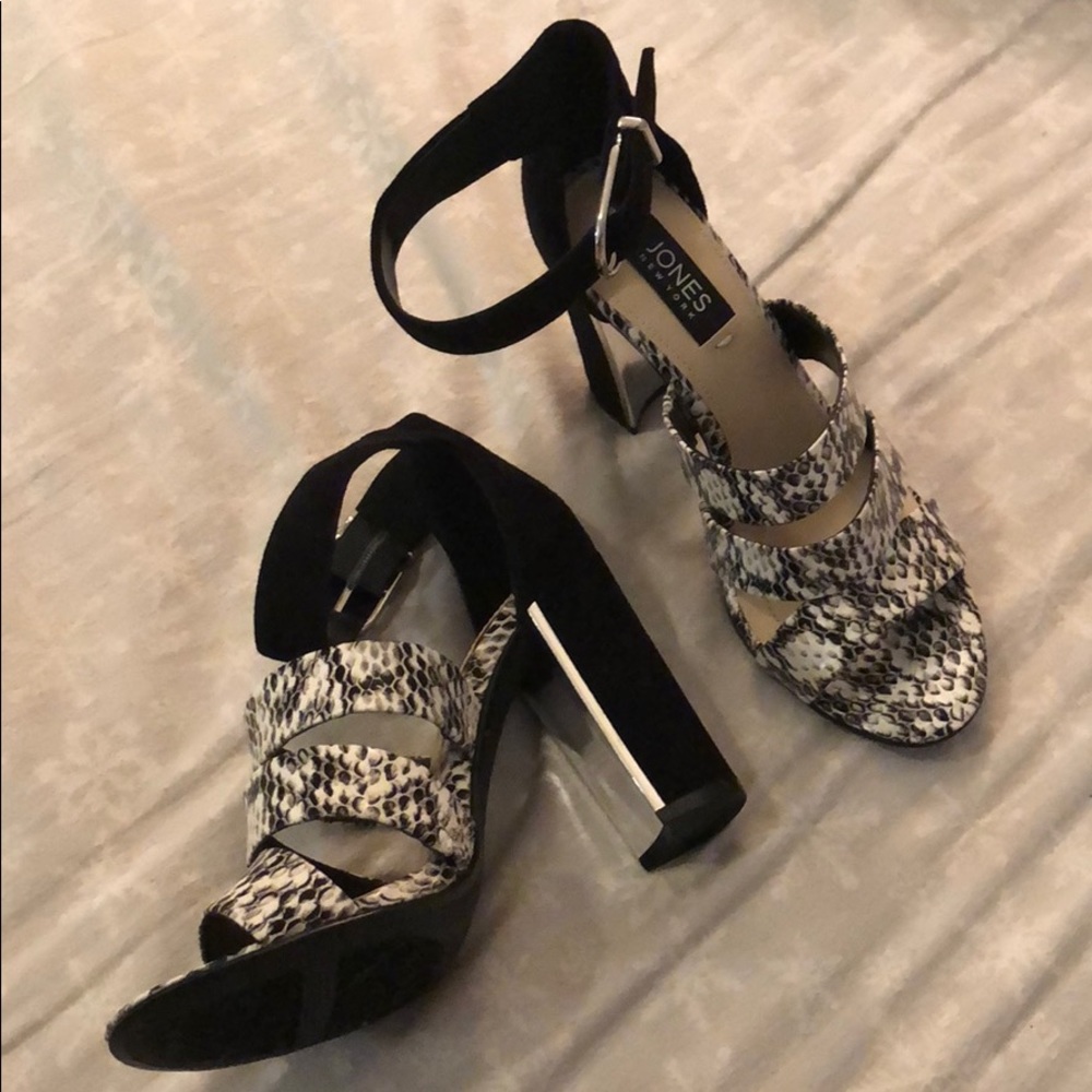 Block Heel Ankle Strap Sandals Snakeskin